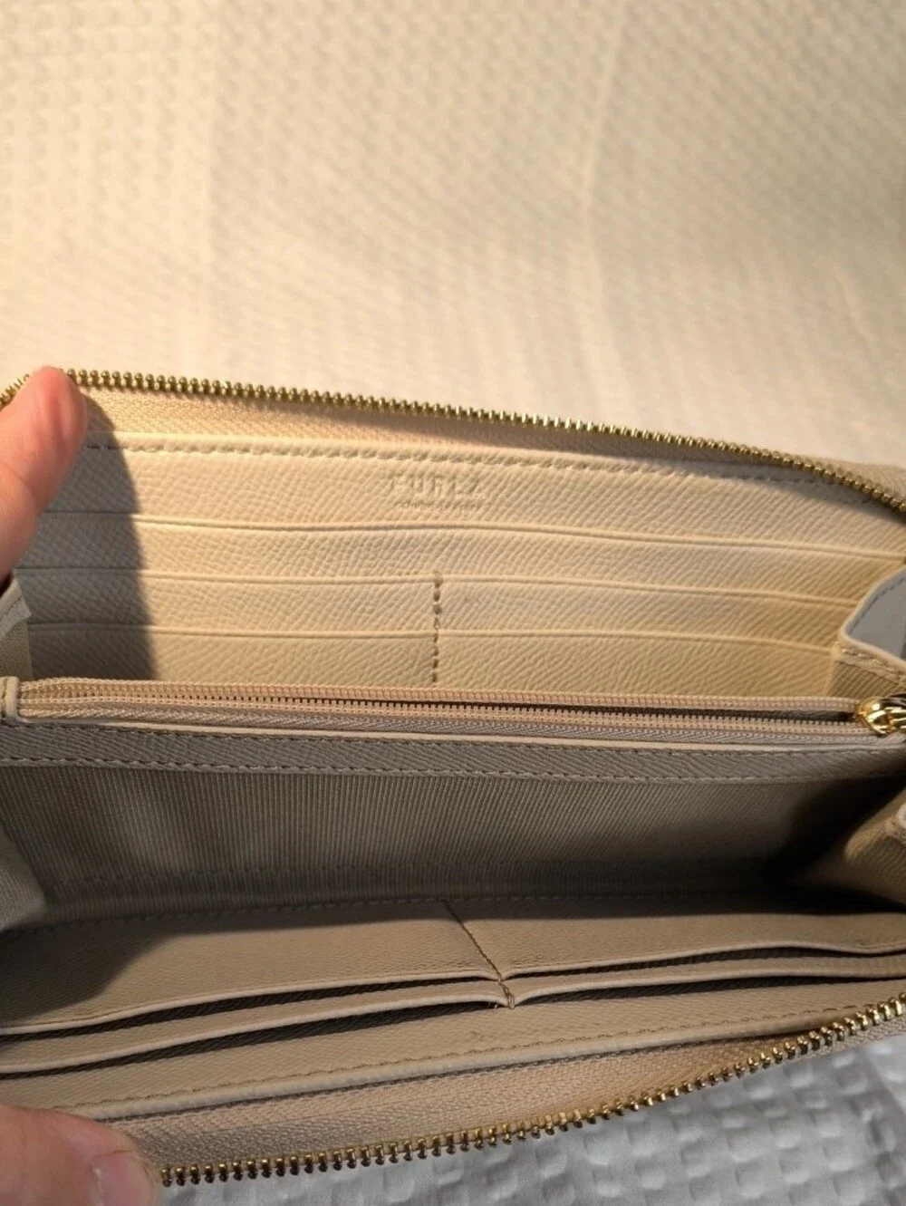Furla Pebbled Leather Zip Wallet in Light Beige with Gold Logo (Ballerina)